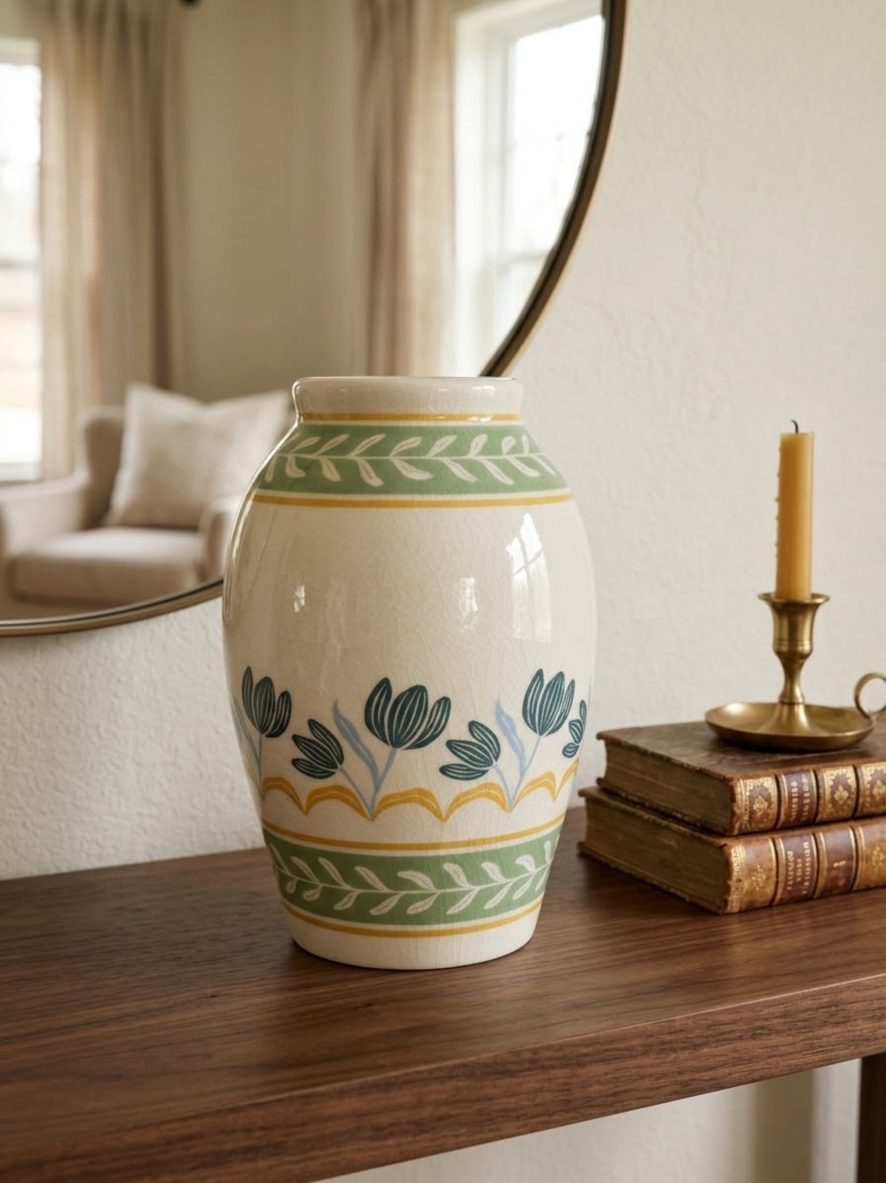 Better Homes And Gardens Cream Ceramic Vase with Green and Blue Floral Bands